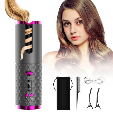 PRICES MAY VARY. √ Please use 5V adpter to charge the hair curling iron, otherwise the charging process will be slow or fail. 【Automatic Curler】One touch automatic curling, 60 seconds fast heating. Automatic curler with beeping reminder/auto temperature lock/auto shut-off/direction adjustment/kink protection/LED screen etc. Easy to operate, no skills required! Save your make-up time and get stunning waves with ease. 【Smart Sensor System】The automatic cordless curler has a built-in smart sensor c Automatic Curling Iron, Curling Iron Hairstyles, Make Up Time, Curling Iron, Hair Curlers, Wand Curls, Styling Tools, Medical Supplies, Curled Hairstyles