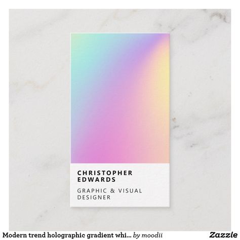 Modern trend holographic gradient white minimalist business card Holographic Gradient, Holographic Print, Holographic Iridescent, Graphic Design Business Card, Iridescent Color, Business Card Modern, Minimalist Business Cards, White Minimalist, Typography Graphic