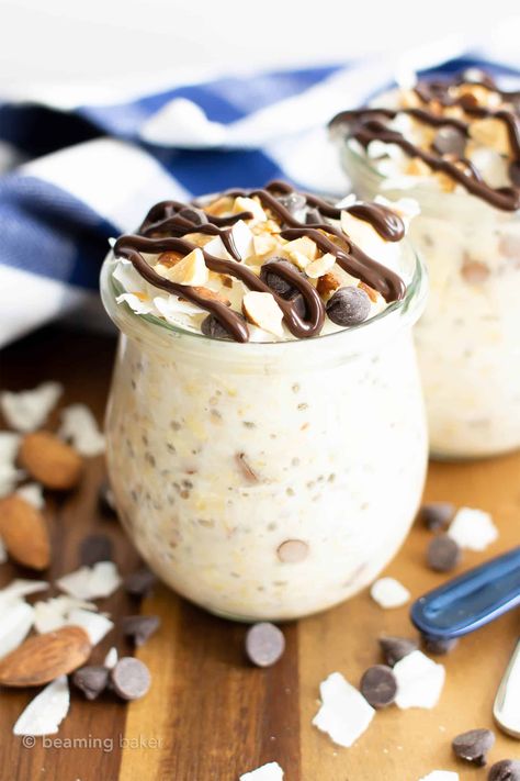 The Best Almond Joy Overnight Oats Recipe (Vegan, Gluten Free, Healthy) - Beaming Baker Almond Joy Overnight Oats, Overnight Oats Healthy Clean Eating, Macros Recipes, Beaming Baker, Almonds Chocolate, Best Overnight Oats Recipe, Jar Meals, Oatmeal Breakfast Bars, Vegan Overnight Oats