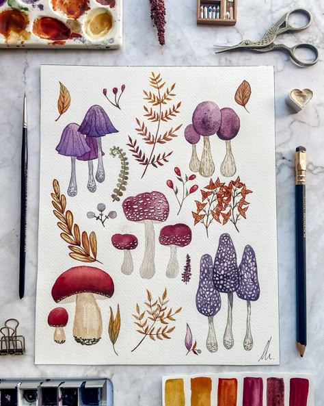 Painting Mushrooms, Purple Mushrooms, Fall Mushrooms, Fungi Art, Mushroom Paint, Professional Watercolor, Mushroom Drawing, Arches Watercolor Paper, Watercolour Inspiration