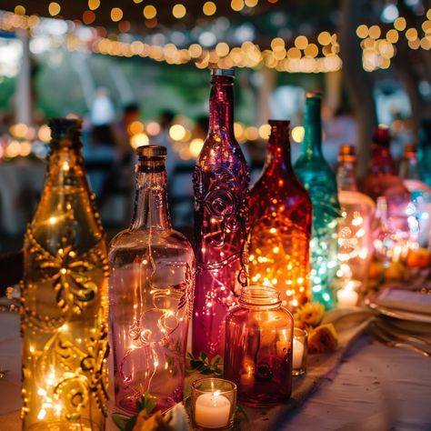 Fairy Light Jars Wedding, Fairy Lights In Bottles, Fairy Lights Wedding Centerpieces, Ceremony Centerpieces, Fairy Wedding Theme, Glass Bottle Candles, Bottle Fairy Lights, Mason Jars Wedding, Fairy Lights In A Jar