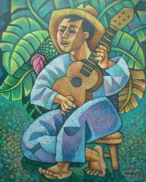 Kundiman 16" x 20" acrylic on canvass June 2007 This is the second piece in my gitarista series. It portrays a rural folk singing the 'kundiman', a Filipino love song professing a lifetim... Filipino Folk Art, Lipsync Animation, Farmer Art, Singing Drawing, Filipino Art, Philippine Art, Tropical Painting, Cubism Art, People Illustration