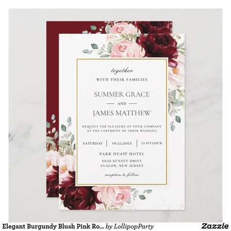 Pink And Burgundy Wedding, Green Leaves Watercolor, Blush Floral Wedding, French Roses, Burgundy And Blush Wedding, Blush Pink Roses, Rose Gold Wedding Invitations, Maroon Wedding, Burgundy Wedding Invitations