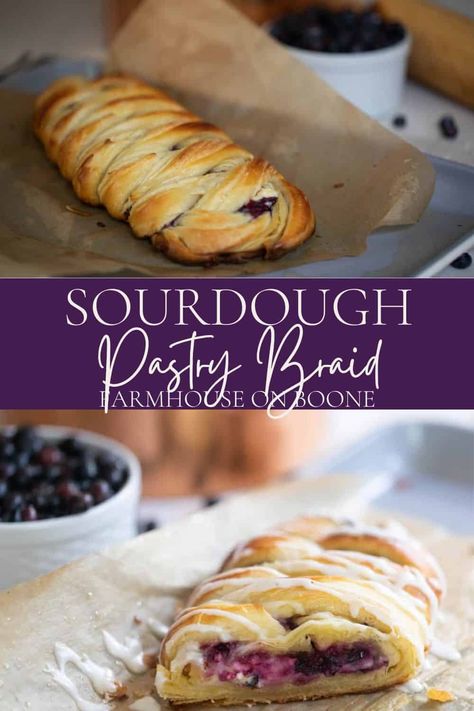 Sourdough pastry braids is a delicious sourdough puff pastry with a cream cheese and fruit filling that is baked until golden to create a beautiful bread that is perfect for special occasions. #farmhouseonboone #sourdoughpastrybraid #pastrybraid #Sourdougubutterbraid Sourdough Pastry Recipe, What To Make With Discarded Sourdough Starter, Sourdough Bear Claws, Recipe For Sourdough Discard, Different Kinds Of Sourdough Bread, Dinner Ideas With Sourdough Bread, Sourdough Butter Braid, Sourdough Bread Additions, Sourdough Strudel