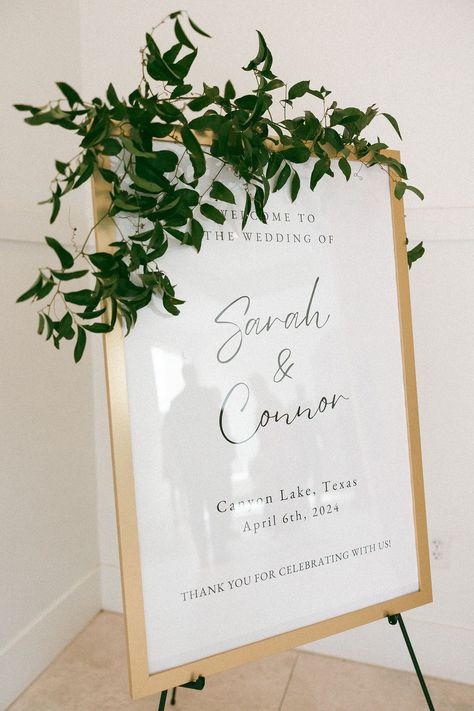 Welcome signs can get pretty over the top, but we like this simple framed poster on an A-Frame with an organic greenery accent.   See more of this Beautiful Rust & Green Wedding on Wed Society® | San Antonio. Wedding Welcome Sign With Greenery, Rust Green Wedding, Welcome Sign With Greenery, Signage Ideas, Sugar Lace, Italian Ruscus, San Antonio Weddings, Welcome Signs, Wedding Welcome Signs