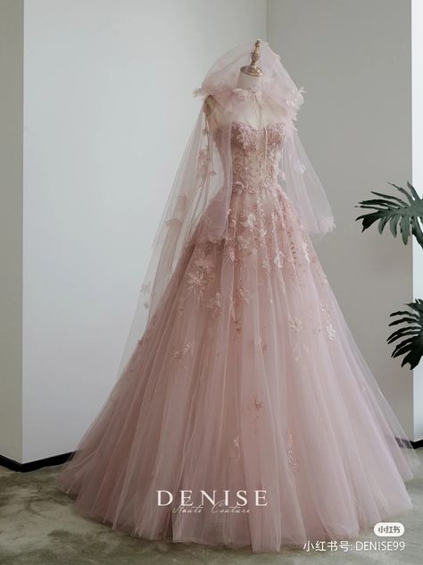 Pink Fairy Prom Dress, Pink Fitted A-line Gown, Pink A-line Gown For Wedding, Pink A-line Gown With Fitted Bodice, Pink Debut Dress, Pink Gown Aesthetic, Pink Princess Dress Fairytale, Pink Prom Dress Aesthetic, White And Pink Wedding Dress