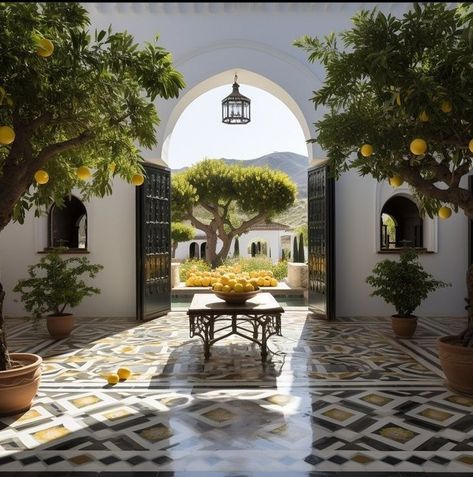 Open Courtyard, Moorish Design, Building Aesthetic, Concrete Houses, Mediterranean Architecture, Spanish Style Home, House Arch Design, Spanish Style Homes, Patio Interior