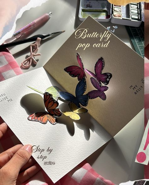 Vinita more | Pop up butterfly card🎀 slower tutorial?? Comment below if you need one and i’ll dm you with it😙😙 but this turned out superrrr cute, you… | Instagram Aesthetic Pop Up Card Ideas, 3d Butterfly Card Diy, Butterfly Pop Up Card, Pop Up Butterfly Bookmark, Spinning Butterfly Card, Card Aesthetic, Three Butterflies, Aesthetic Gifts, Aesthetic Birthday