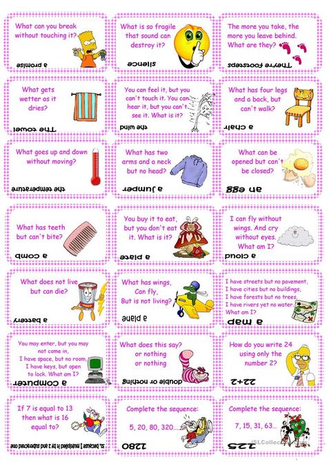 Brain teasers, riddles & puzzles card game (set 2) - English ESL Worksheets Kids Jokes And Riddles, Printable Brain Teasers, Funny Brain Teasers, Mind Riddles, English Riddles, Fun Riddles With Answers, Riddle Puzzles, Funny Riddles With Answers, Brain Teasers For Adults