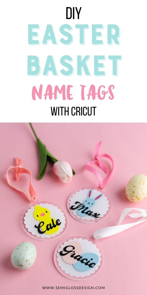 Use your Cricut to make DIY easter basket name tags. These cute name tags are so easy to make. Get a free SVG to use. Diy Name Tags, Stencil Vinyl, Vintage Inspired Decor, Easter Basket Diy, Easter Projects, Iron On Vinyl, Unique Crafts, Cricut Tutorials, Name Tags