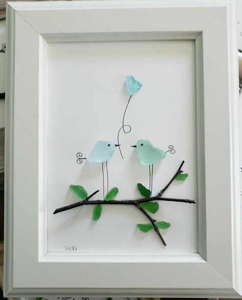 Beach Glass Birds, Seaglass Wall Art, Diy Beach Glass Crafts, Sea Glass And Pebble Art, Sea Glass Art Projects Diy, Beachglass Art Ideas, Beach Glass Art Ideas, Sea Glass Pictures Ideas, Sea Glass Crafts Ideas