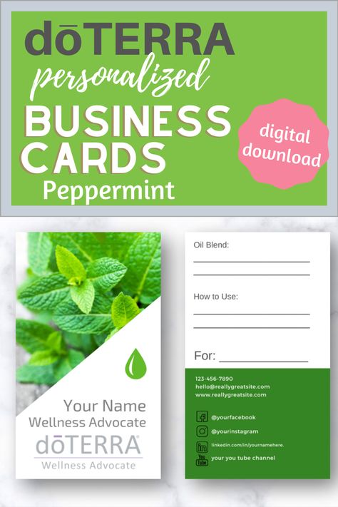 Get a Professional doTERRA Business Card with your personal information on it. Your email, website, and social media profiles are included on this Peppermint doTERRA Business card along with space to write a custom blend for your customer, how to use the essential oil blend, and what it is for. Your customer will fall in love with the blend and contact you for more. This doTERRA Business card has a beautiful Peppermint theme. Other themes available. Receive a digital file to send to a printer. Peppermint Doterra, Doterra Business Cards, Doterra Business, Professional Business Card, Essential Oil Blend, Doterra Essential Oils, Professional Business Cards, Essential Oil Blends, Doterra