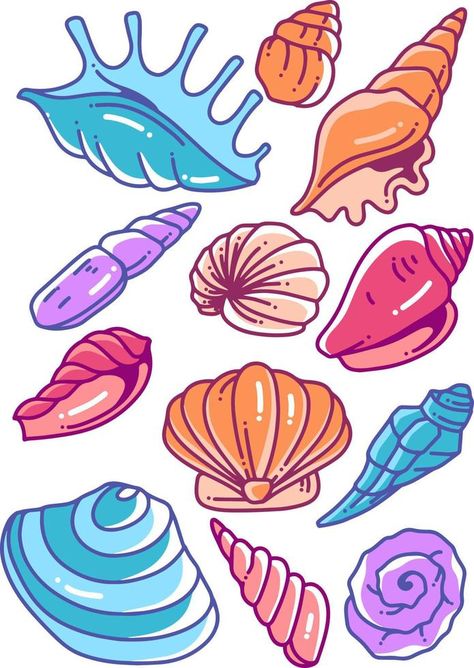 Sea Shells Doodle Illustration Pack Cartoon Sea Shells, Shells Doodle, Sea Shells Illustration, Shells Drawing, Sea Doodles, Shell Illustration, Shell Drawing, Summer Drawings, Inktober 2024