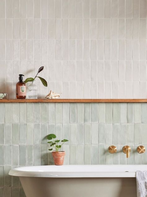 Glazed Tiles Bathroom, Zia Tile Zellige, Zellige Tile Small Bathroom, Bathroom Brick Tiles, Bathroom Tile Shelf, Zellige Bathtub, Glazed Porcelain Tile Bathroom, Bathroom Zellige Tiles, Earth Tone Bathroom Tile