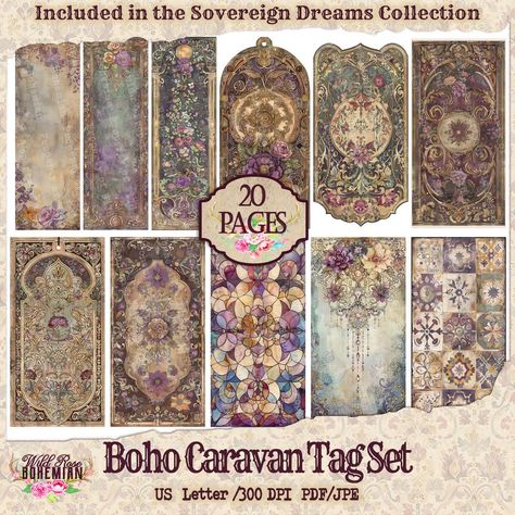 Boho Caravan Hang Tag Kit Ephemera | Printable Journal | Digital Paper Ephemera | Distressed Collage | Boho Ephemera | Bohemian Hang Tag by WildRoseBoho: 3.99 USD Sovereign Dreams Collection: Boho Caravan Hang Tags Step into the enchanting world of the Sovereign Dreams Collection with our Boho Caravan Hang Tags. This exquisite set of 20 pages features varied sizes of tags, each adorned with intricate bohemian patterns inspired by the timeless elegance of the collection. Designed to evoke th... Boho Caravan, Bohemian Caravan, Dreams Journal, Journal Crafts, Printable Journal, Journal Digital, Bohemian Pattern, Personalized Gift Tags, Diy Journal