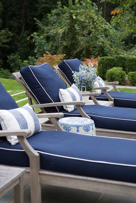 Pool Patio Decor, Blue Patio Furniture, Outdoor Pool Furniture, Pool Loungers, Poolside Decor, Blue Patio, Pool Lounge Chairs, Pool Lounger, Blue Pool