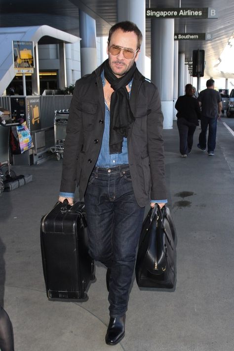 LOS ANGELES, CA - FEBRUARY 23: Tom Ford seen at LAX on February 23, 2015 in Los Angeles, California. (Photo by GVK/Bauer-Griffin/GC Images) Tom Ford Menswear, Tom Ford Designer, Best Dressed Man, How To Wear A Scarf, Gq Magazine, Tom Ford Men, How To Wear Scarves, Perfect Man, Stylish Men