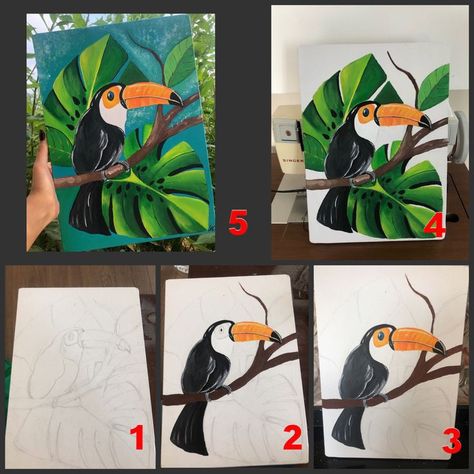 Toucan Painting Easy, Toucan Acrylic Painting, Parrot Painting Easy, Tucan Painting, Painting Flowers On Canvas, Resin Art On Canvas, Round Canvas Painting, Toucan Painting, Painting On Small Canvas