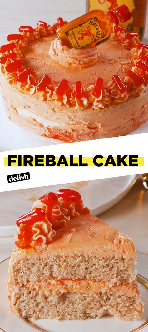 Screw birthday cake — give us FIREBALL cake Get the recipe at Delish.com. #fireball #whisky #whiskey #cinnamon #alcohol #liquor #delish #recipe #easyrecipe #dessert #cake Fireball Cake Ideas, Fireball Cupcakes Birthday Cakes, Fireball Birthday Party, Alcohol Cake Recipes, Alcohol Dessert Recipes, Fireball Birthday Cake, Fireball Cake Recipe, Fireball Birthday, Alcoholic Cake