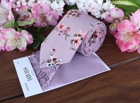 Ties and men's wedding accessories Floral Tie Groom, Purple Ties, Lavender Tie, Floral Ties, Missionary Gifts, Groom Ties, Lavender Haze, Wedding Handkerchief, Peach Flowers