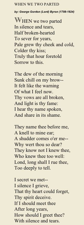 Byron: When We Two Parted || Ideas and inspiration for teaching GCSE English || www.gcse-english.com || When We Two Parted, Byron Poetry, Eh Poems, Lord Byron, Beautiful Poetry, A Course In Miracles, Historical Quotes, Literature Quotes, E Mc2