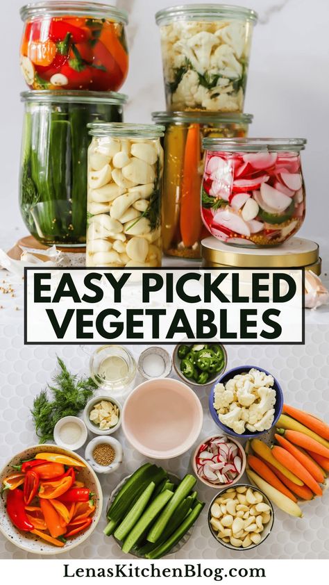 These Pickled Vegetables are perfectly tangy, sweet, and spicy! Fresh veggies of your choice are combined with jalapeño slices, garlic, dill, and homemade pickling brine. Serve them as a crunchy snack, a flavorful side, or a zesty topping for salads and sandwiches. Pickled Items For Charcuterie, Homemade Pickled Vegetables, Pickled Charcuterie Board, Italian Pickled Vegetables, Refrigerator Pickled Vegetables, Pickle Veggies, Pickled Brussels Sprouts Recipe, Pickle Flavors, Pickling Spice Recipe