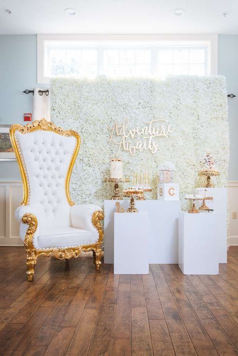 Adventure awaits at this white and gold themed baby shower! The backdrop is gorgeous!! See more party ideas and share yours at CatchMyParty.com #catchmyparty #partyideas #elegantbabyshower #babyshower Bridal Shower Decorations Elegant, Vintage Party Ideas, Gold Baby Shower Decorations, White Baby Showers, Elegant Baby Shower, Gold Baby Shower, Baby Shower Party Ideas, Gold Baby Showers, Shower Party Ideas