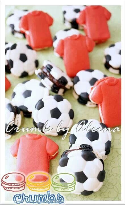 Crumbs by Aleena macarons Soccer Macarons, Soccer Birthday Parties, Football Cake, Soccer Birthday, Soccer Party, Macaron Recipe, Whoopie Pies, Senior Night, Guilty Pleasure