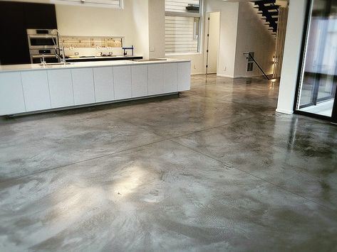 Burnished Concrete, Concrete Kitchen Floor, Screed Floors, Black Kitchen Design, Polished Concrete Floors, Concrete Stained Floors, Black Appliances, Floor Remodel, Concrete Kitchen