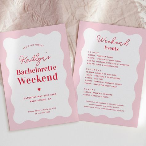 Pink and Red Wavy Bachelorette Weekend Itinerary Bachelorette Card, Itinerary Invitation, Pink Bachelorette Party, Bachelorette Weekend Itinerary, Pink Bachelorette, Bachelorette Itinerary, Bachelorette Gift, Bridal Bachelorette Party, Bachelorette Decorations