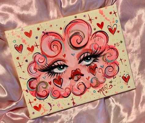 Diy Home Art Painting, Acrylic Painting Eye, Funky Art Drawings Sketch, Art By Megs, Easy Eye Painting, Funky Art Painting Inspiration, Ideas De Cuadros Aesthetic, Pretty Painting Ideas, Pink Background Painting