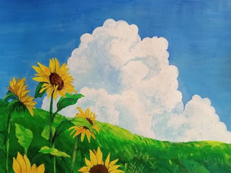 Studio Ghibli Sunflower, Sunflower Painting Easy, Sunflower Painting On Canvas, Studio Ghibli Painting, Painting On Canvas Aesthetic, Paint Sunflower, Sunflower Paintings, Random Painting, Sunflowers Painting