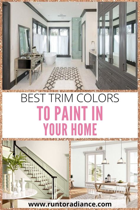 Once you’ve done the hard work of picking out the perfect paint color for your walls, you’re then faced with another difficult decision: how do you choose the best trim colors for your home? #runroradiance #trimcolors #paint #interiorbaseboards #benjaminmoore Paint And Trim Colors Interiors, Trim Color Ideas For White Walls, Trim Molding Color Ideas, Living Room Paint And Trim Colors, Farmhouse Wall And Trim Colors, Choosing Trim Color, Modern Trim Colors, Dark Trim Colors Interior, Yellow House Trim Color Ideas