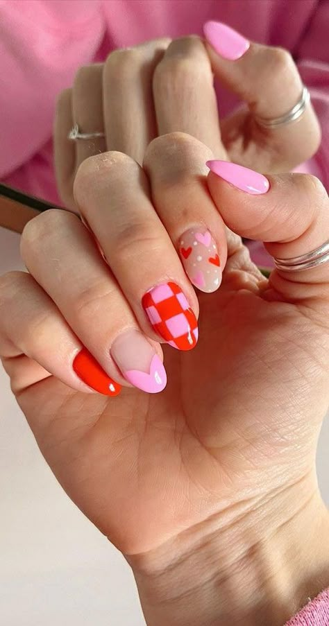 Purple And Pink Valentines Day Nails, Trendy Valentines Day Nails Pink And Red, Short Almond Acrylic Nails Valentines Day, Oval Valentines Day Nails, Hot Pink Valentine Nails Almond, Valentine Nails Pink And Red, Feb Nails Valentines Day Almond, Fun Valentines Nails Almond, Retro Valentines Nails