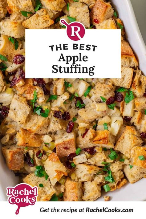 #ad Tangy, bright flavors take this apple stuffing up a notch, with sourdough bread, Granny Smith apples, and tart dried cranberries. It’s wonderfully delicious homemade stuffing! Stuffing With Apples, Moist Stuffing, Homemade Stuffing Recipes, Apple Stuffing, Apple Turkey, Turkey Dressing, Bread Dressing, Homemade Stuffing, Dry Bread