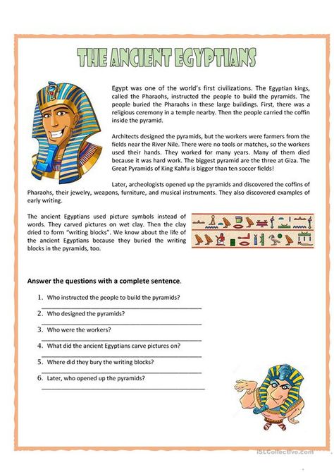 The Ancient Egyptian - English ESL Worksheets for distance learning and physical classrooms Ancient Egypt Printables, Ancient Furniture, Earth Day Drawing, February Winter, The Tell Tale Heart, Esl Printables, History Worksheets, Simple Past, Comprehension Exercises