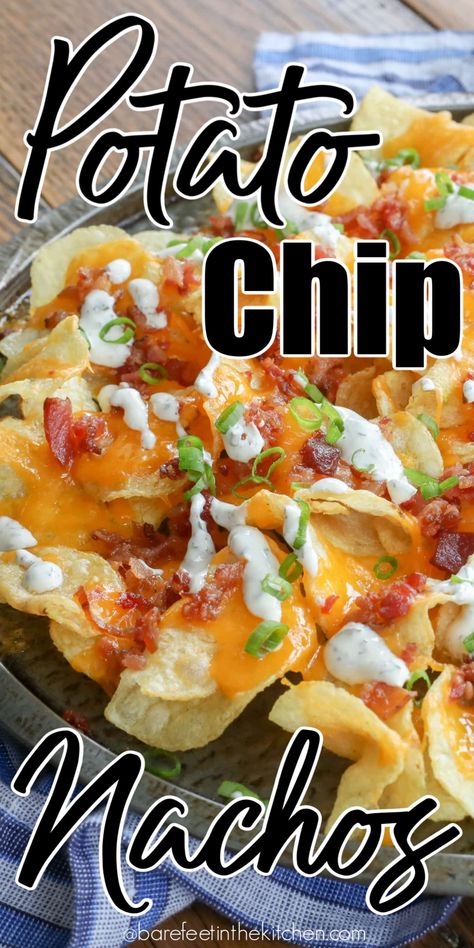 The Ultimate Potato Chip Nachos Potato Chip Nachos, Bbq Chicken Nachos, Potato Nachos, Potato Chip Recipes, Hot Snacks, Lays Potato Chips, Nacho Chips, Nachos Recipe, Potato Chip