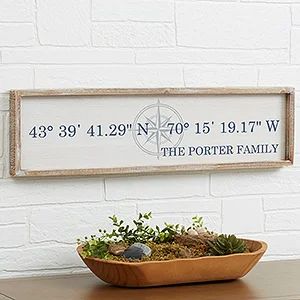 Personalized Wood Wall Art | Personalization Mall Latitude And Longitude, Distressed Font, Distressed Walls, Personalized Wall Decor, Wood Frame Construction, Personalized Housewarming Gifts, Latitude Longitude, Farmhouse Style Sign, Barn Wood Frames