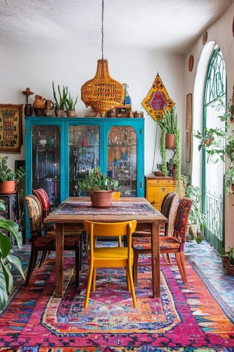 "Add a touch of bohemian flair to your dining space with a Boho Chic Dining Room! 🌿🍽️ Perfect for creating a unique and stylish environment. 🌟✨ #BohoStyle #DiningRoomIdeas #HomeDesign" Kitchen Table Seating Ideas, Boho Painted Furniture Dining Room, Eclectic Kitchen Dining Room Combo, Folk Art Dining Room, Hippy Dining Room, Boho Dining Room Decor Bohemian, Boho Chic Dining Table, Boho Maximalist Dining Room, Boho Dining Area