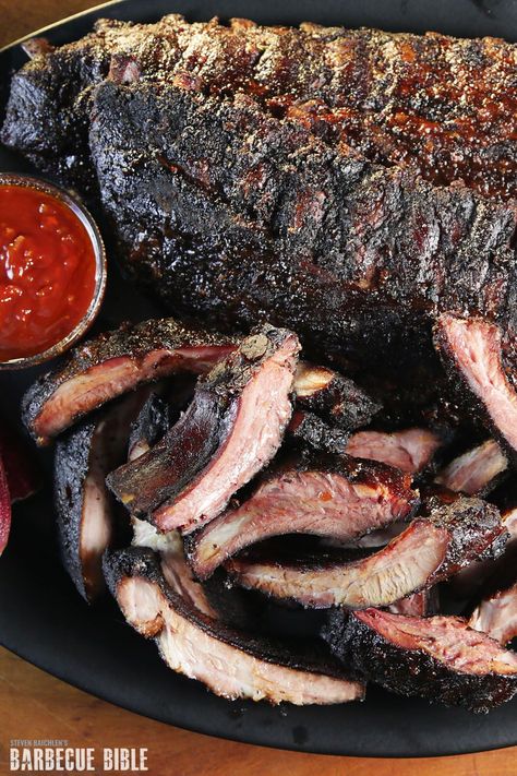 Smoked Baby Back Ribs with Prickly Pear Barbecue Sauce Recipe - Steven Raichlen's smoked baby back ribs seasoned with an easy 5-4-3-2-1 rub. Served with a Prickly Pear Barbecue Sauce. #ribsrecipe #babybackribs #smoked #bbq #barbecue Smoked Baby Back Ribs, Dessert Recipes Crockpot, Smoker Recipes Electric, Smoked Chicken Recipes, Ribs Seasoning, Electric Smoker Recipes, Pellet Smoker Recipes, Barbecue Sauce Recipe, Steven Raichlen