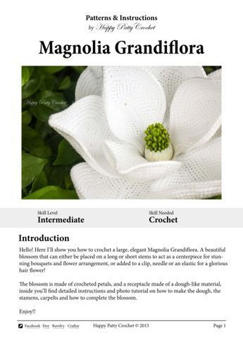 Crochet Magnolia, Magnolia Grandiflora, Crochet Diagram, Flower Applique, Crafty Craft, Photo Tutorial, Flower Crafts, Flowers In Hair, Crochet Lace