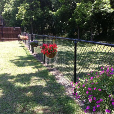 My hanging baskets on the chain link fence.  Adding more soon! Landscaping Around Chain Link Fence, Chain Link Fence Planter Boxes, Update Chain Link Fence, Black Chain Link Fence, Chain Fence, Backyard Fence Decor, Front Yard Fence, Fence Art, Fence Paint