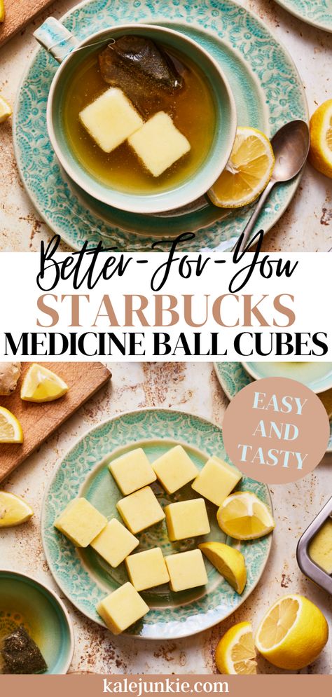 Best Drinks When Sick, Medicine Ball Drink Diy, Immunity Cube Recipe, Starbucks Copycat Medicine Ball, Starbucks Cold Remedy Tea, Starbucks Recipes Medicine Ball, Starbucks Immunity Drink, Ginger Cubes Recipe, What To Drink When You Have A Cold