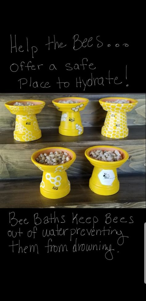 Save The Bees Project, Bee Hydration Station, How To Make A Bee House, Bee Garden Decor, Diy Bee Cups For Garden, Bee Feeder Diy, Bee Bath Diy, Bee Garden Ideas, Bee Drinking Station