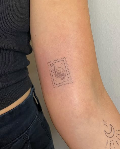 Wildflower Stamp Tattoo, Italian Postage Stamp Tattoo, Subtle Relationship Tattoos, Vienna Stamp Tattoo, Small Postage Stamp Tattoo, Cute Italian Tattoos, Fineline Stamp Tattoo, Lemon Postage Stamp Tattoo, Framed Art Tattoo