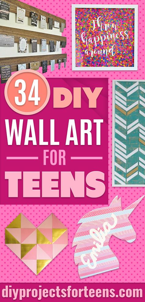 DIY Wall Art Ideas for Teens - Teen Boy and Girl Bedroom Wall Decor Ideas - Cheap Canvas Paintings and Wall Hangings For Room Decoration Diy Pink Wall Decor, Diy Teenage Girl Room Decor, Teen Wall Decor Ideas, Homemade Decor Ideas For Bedroom, Diy Canvas Art Easy Wall Decor, Teenage Girl Wall Art, Painting Ideas For Teens, Diy Teen Room Decor, Herringbone Wall Art