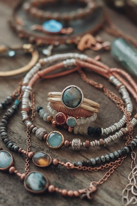 A collection of layered bohemian jewelry including rings, necklaces, and bracelets on a wooden surface. Trendy Boho Outfits, Trendy Outfits Boho, Jewelry Aesthetic, Trendy Boho, Necklaces And Bracelets, Bohemian Jewelry, Rings Necklaces, Boho Jewelry, Boho Outfits