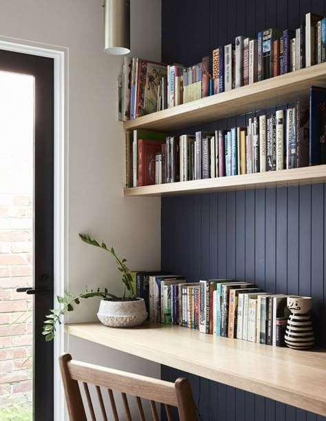 study nook. F&B black railings tongue and groove panel wall, wood shelves, wood wall hung desk top, black window, wood chair Study Feature Wall, Wall Hung Desk, Study Nook Hallway, Study Nooks, Feature Window, Wood Desk Top, Vertical Shiplap, Desk Nook, Study Wall