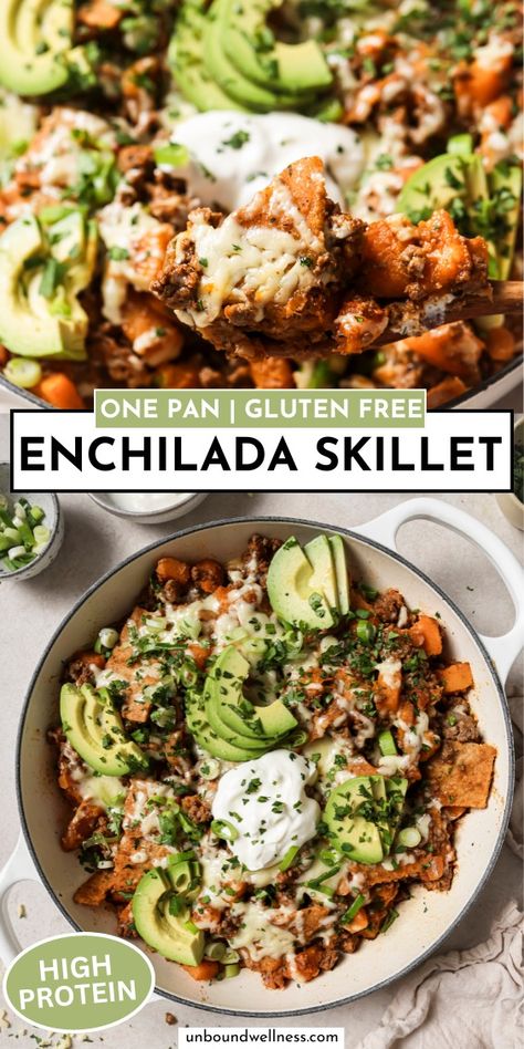 Ground Beef Enchilada Skillet {Paleo, Gluten-free} - Unbound Wellness Gluten Free Steak Dinner, Beef Recipes Gluten Free Dairy Free, Clean Eating Hamburger Meat Recipes, One Pot Paleo Recipes, Healthy Fall Ground Beef Recipes, Healthy Enchilada Bowl, Low Gluten Meals, Easy Gluten Free Healthy Dinner, Family Paleo Dinner Ideas