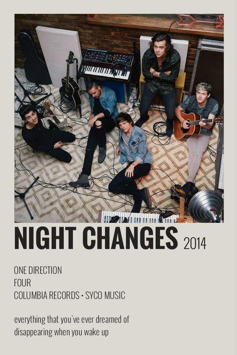 Cancion de One Direction ``Night Changes`` One Direction Music Poster, One Direction Minimalist Poster, Up All Night Aesthetic One Direction, Night Changes One Direction Wallpaper, Night Changes Aesthetic Wallpaper, One Direction Polaroid Pictures, One Direction Album Poster, One Direction Album Covers, Night Changes Wallpaper